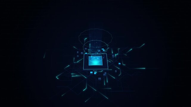 Glowing holographic microchip processor with digital circuit lines and blue data particles
