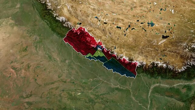 Nepal Map Animation with National Flag Colors over Satellite View