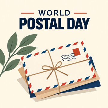 Stack of vintage airmail envelopes tied with string showing postal mark for world postal day graphic