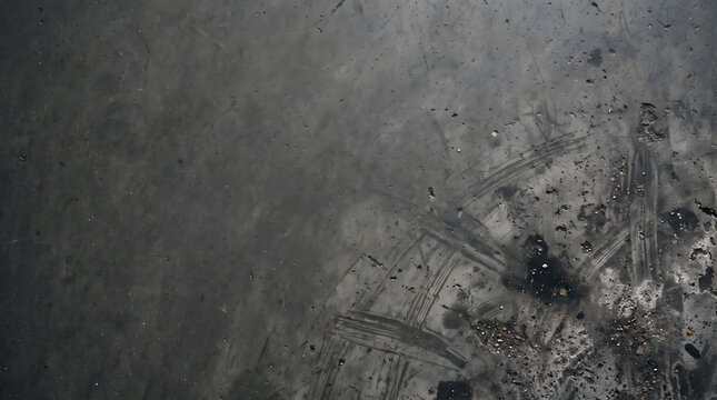 Top view of weathered concrete floor featuring black tire burnout tracks and rough oil stains