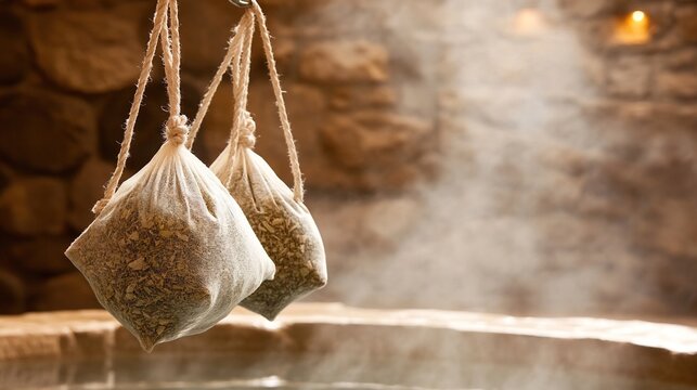 hydrotherapy. Herbal bath bags floating in steamy hot spring pool with soft ambient light. lifestyle magazines, social media lookbooks, designed for lifestyle magazines and social media content.