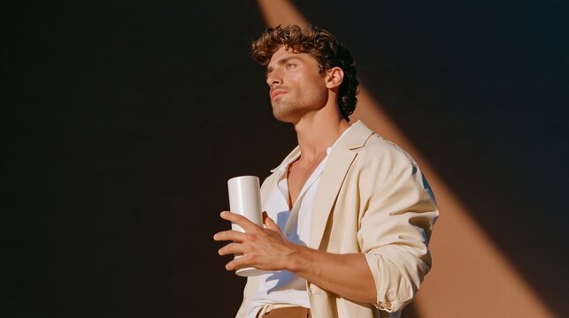Man holding white cup in soft golden light, wearing beige blazer and white shirt, dark background with dramatic lighting