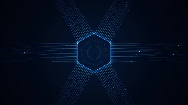 Glowing Neon Hexagon Cybernetic Network Interface with Pulsing Particle Connection Lines Animation