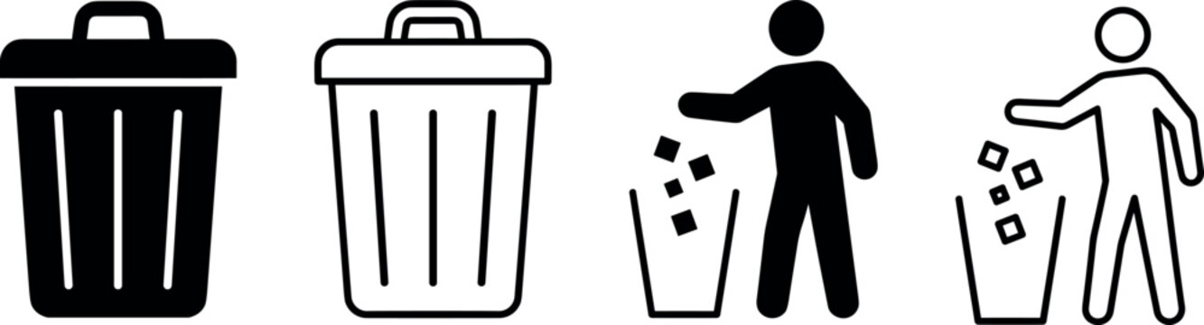Set of black trash bin icons vector illustration in flat and outline style with person throwing garbage design