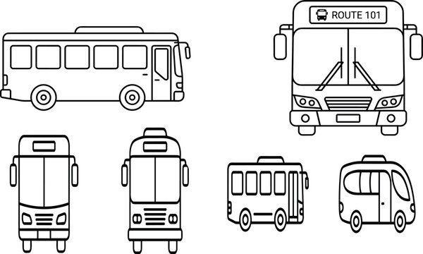 Set of bus outline icons vector illustration showing different types and views for transport and public transportation design