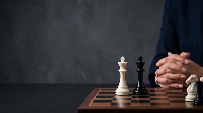 Business professional with clasped hands sitting at a chessboard with kings in a standoff against a dark background