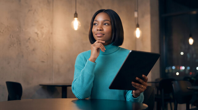 Thoughtful African American woman holding a digital tablet and looking away in a modern cafe