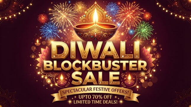 Diwali blockbuster sale banner with fireworks and oil lamp