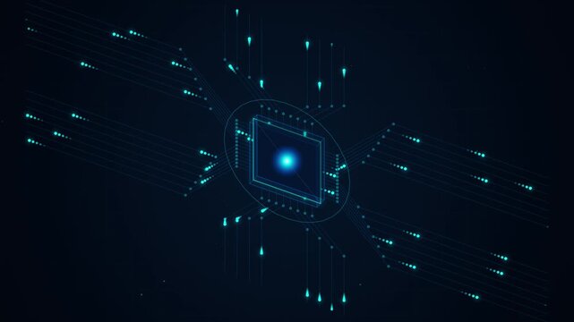 Abstract Digital Processor Chip Technology Concept with Glowing Data Streams and Neon Blue Particles