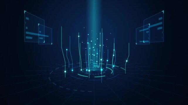 Blue Cybernetic Digital Interface Background With Vertical Glowing Data Bars And Floating Particles