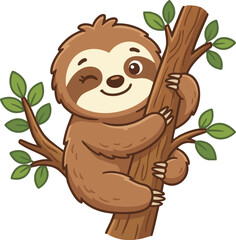 Fototapeta premium SImple Cute Winking Sloth Hugging Tree Branch Vector Illustration, vector isolated on white
