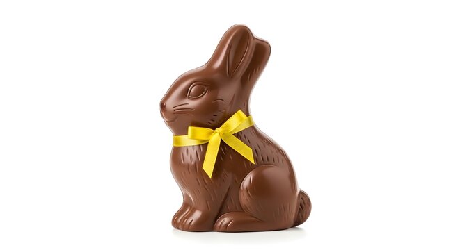 Chocolate bunny with a festive yellow ribbon on white background