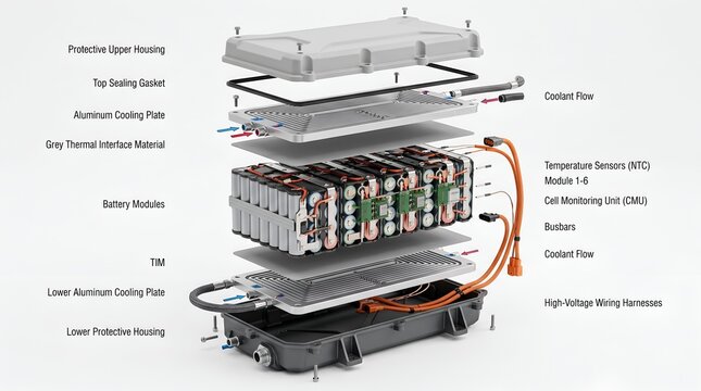 Exploded view of an electric vehicle lithium ion battery pack assembly