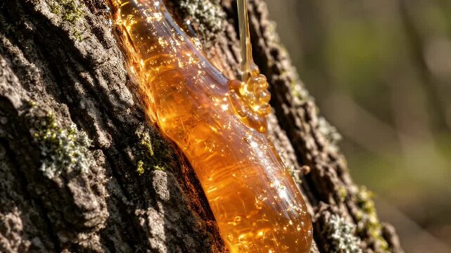 Amber sap oozing from a textured tree bark surface