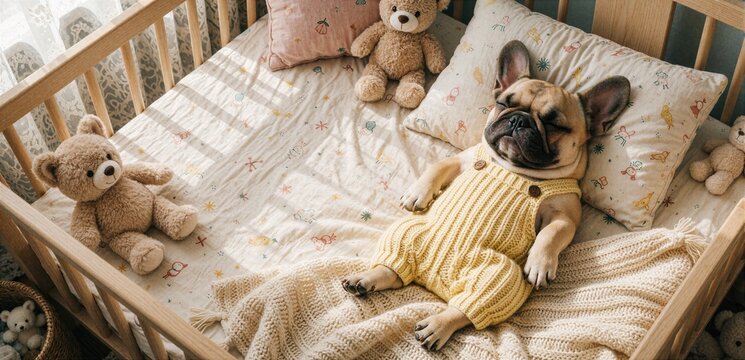 French bulldog puppy sleeping in yellow clothes inside wooden crib