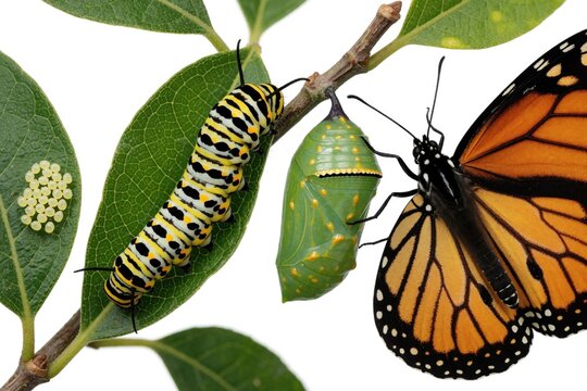 Monarch butterfly life cycle stages on green leaves. Yellow striped crawls near green chrysalis pupa. Beautiful orange adult butterfly rests on branch. Metamorphosis process shows egg, larva, pupa,