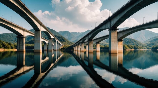 Symmetrical view of twin concrete bridges over calm lake. Two large highway structures reflect in clear water under cloudy sky. Massive pillars support long spans near green mountains. Scenic