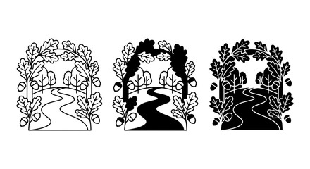 Fototapeta premium Nature Archway Vector Set: Oak Leaves, Acorns, Winding Path, Trees; Outline, Silhouette, Solid Styles