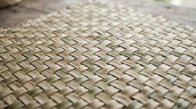 Close-up of a traditional woven straw mat texture with natural details