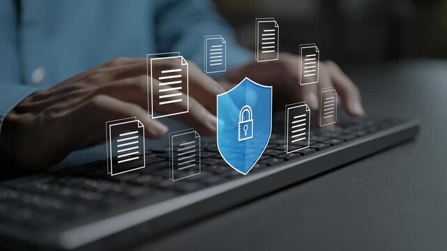 Secure digital document management concept. Person using laptop with file lock shield, encryption key and cloud storage icons, confidential business data protection.