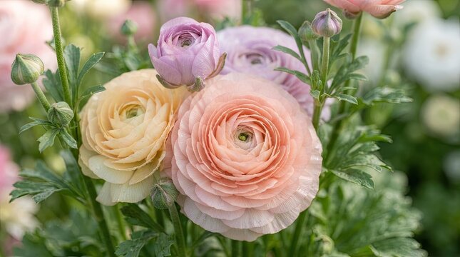 Foto makro bunga ranunculus pastel yang mekar indah di taman musim semi