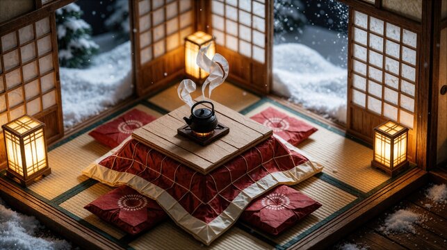 Japanese room with kotatsu table, teapot and winter snow outside