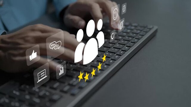 Customer satisfaction feedback concept. Person typing keyboard with star rating, review speech bubble and happy face icons, client experience evaluation and service quality.