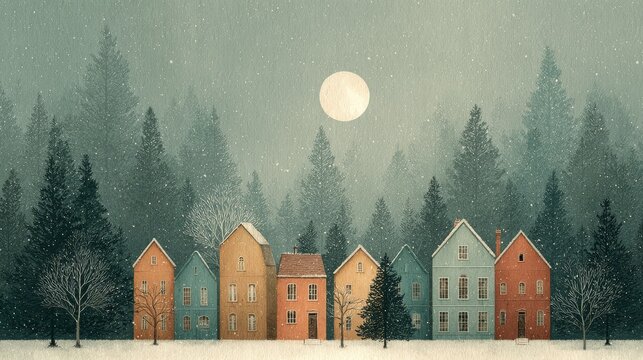 Cozy Winter Village with Snowy Houses and Forest