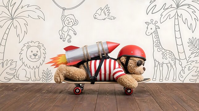 Teddy bear with rocket backpack riding a skateboard in nursery room