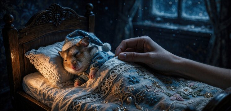 Sleeping hamster wearing nightcap tucked in bed by human hand