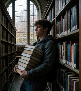 Student holding stack of books in vintage university library