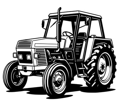 Black silhouette of farm tractor with bold tires, vector design symbolizing agriculture, machinery, and rural industry.