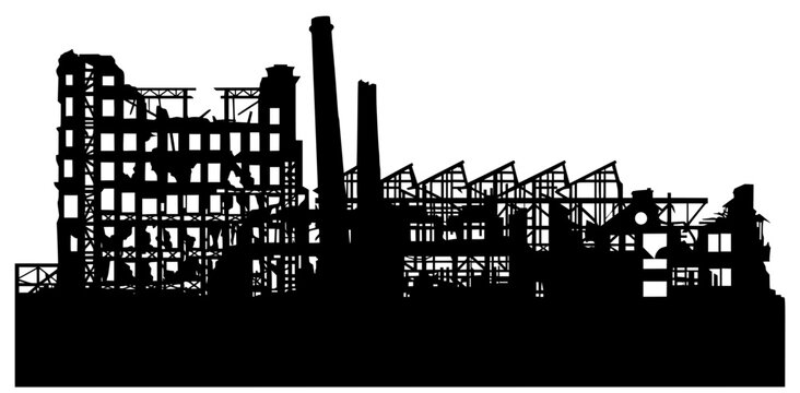 Black silhouette of abandoned factory with chimneys, bold vector design symbolizing decay, industry, and architectural ruin.