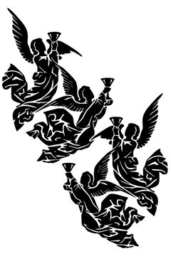Black silhouettes of four angels with trumpets, bold vector design symbolizing heraldic, celestial, and spiritual themes.