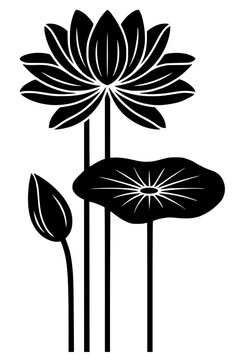 Black silhouette of lotus flower, leaf, and bud, bold vector design symbolizing purity, balance, and natural beauty.
