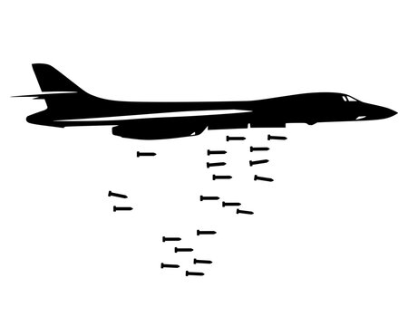 Black silhouette of military bomber releasing bombs, bold vector design symbolizing aviation, warfare, and aerial power.