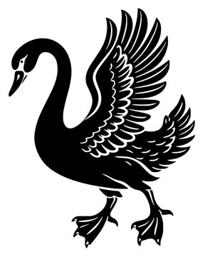 Black silhouette of swan with raised wings, bold vector design symbolizing grace, elegance, and natural beauty.