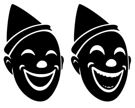 Black silhouettes of two clown faces with hats, bold vector design symbolizing comedy, joy, and entertainment.