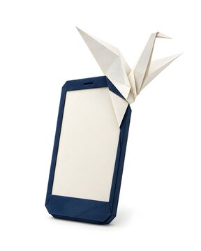 Digital Detox Origami Smartphone with Emerging White Crane on White Background