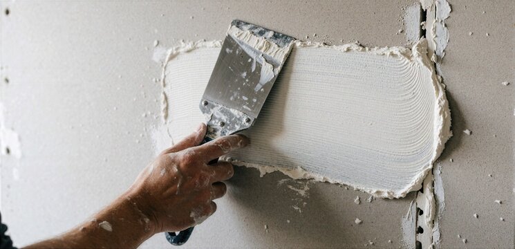 Worker applying putty on a drywall joint with a spatula knife