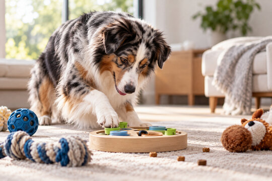 AI generated Australian Shepherd using puzzle toy for mental stimulation interactive games rope ball plush toy treats cozy sunlit home