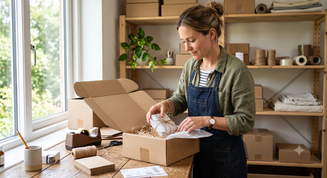 Solo entrepreneur packing cardboard box in home studio.