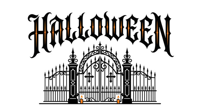 A spooky halloween text design featuring gothic style lettering above an ornate wrought iron gate isolated on white background