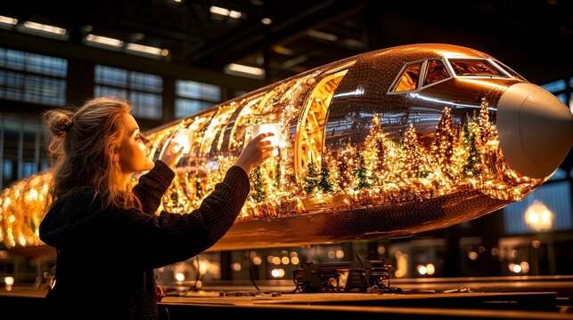 Woman Engineering Festive Airplane Model with Glowing Christmas Lights