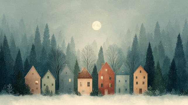 Fairytale winter village with warm colorful houses, snowy trees and misty forest beneath a luminous moon, dreamy seasonal landscape illustration with peaceful evening snowfall