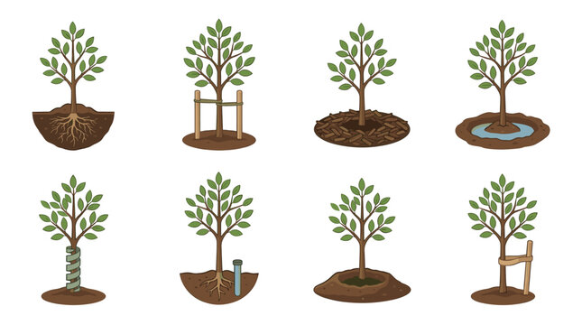 Set of vector illustrations showing different stages and methods of planting, watering, mulching, and protecting young trees
