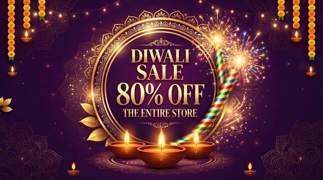 Diwali sale 80% off festive background with traditional diyas
