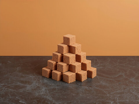 A pyramid stack of brown sugar cubes arranged on a dark grey marble surface against a solid light brown background, for food