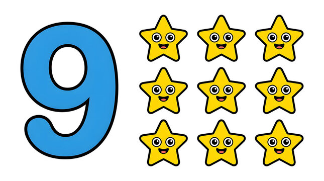 Cute cartoon number nine with nine yellow smiling stars vector illustration for kids