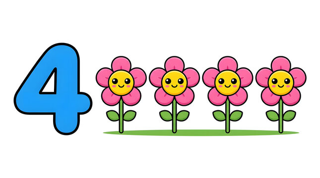 Cute cartoon number four with four pink smiling flowers vector illustration for kids